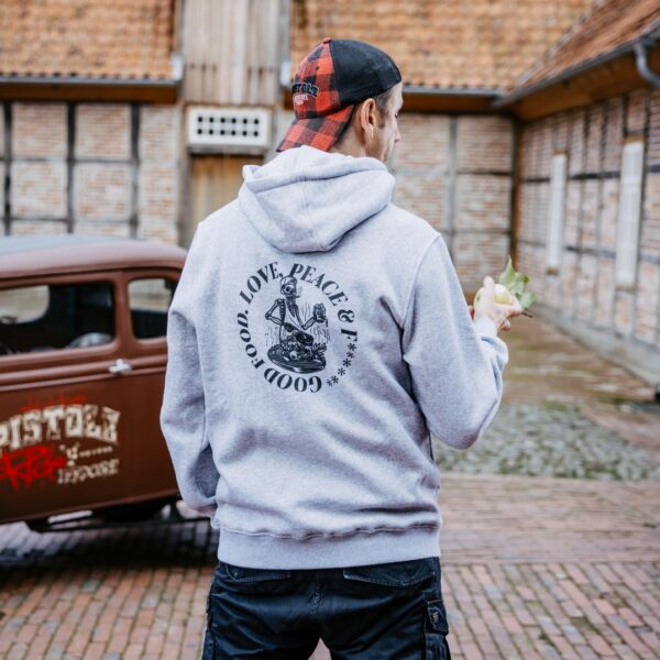 Rückseite des Pistole Hardcore-Food Love & Peace Hoodie