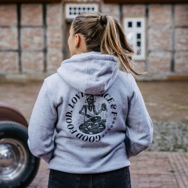Rückseite des Pistole Hardcore-Food Love & Peace Hoodie