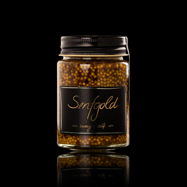 Körniger Senf von Pistole Hardcore-Food Senfgold curry-süß, orientalischer Körnersenf