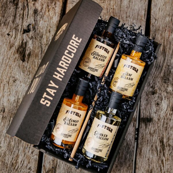 Geschenkset mit Tomaten Balsam, Senf Balsam, Mango Balsam und Gurken Balsam