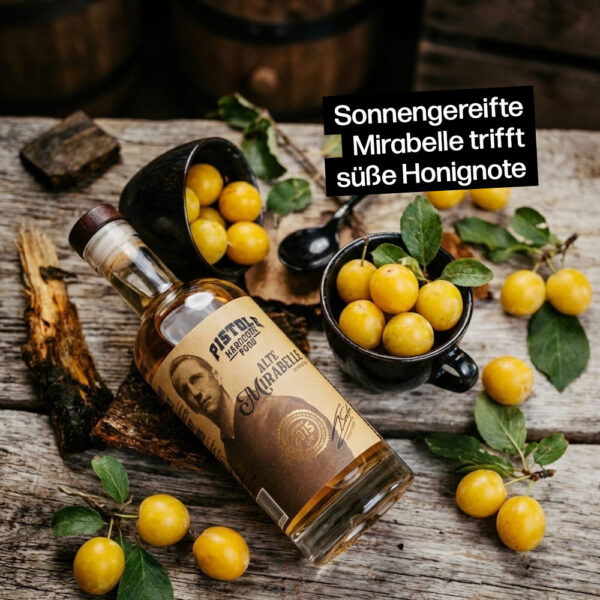 Alte Mirabelle Obstler mit sonnengereiften Mirabellen treffen auf süße Honignoten
