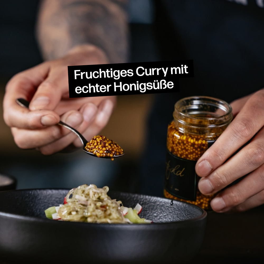 Körniger Senf mit fruchtigem Curry mit echter Honigsüße